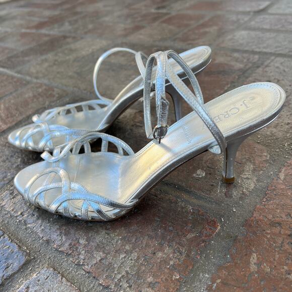 J. Crew Silver Strappy Heel Metallic Ankle Buckle Size 8.5 Leather Open Toe - Picture 1 of 6